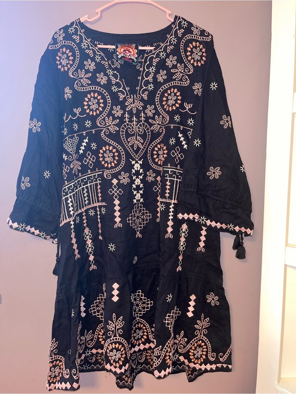 Johnny Was Los Angeles Black Embroidered Boho Dress with Pink Accents Aztec